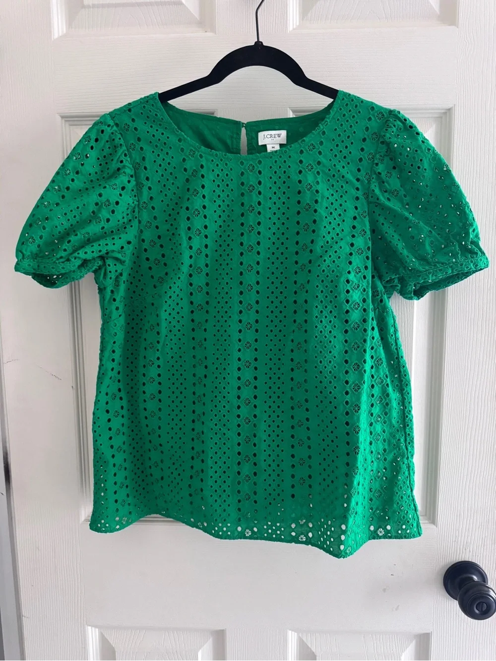 J. Crew Green Eyelet Puff-Sleeve Blouse